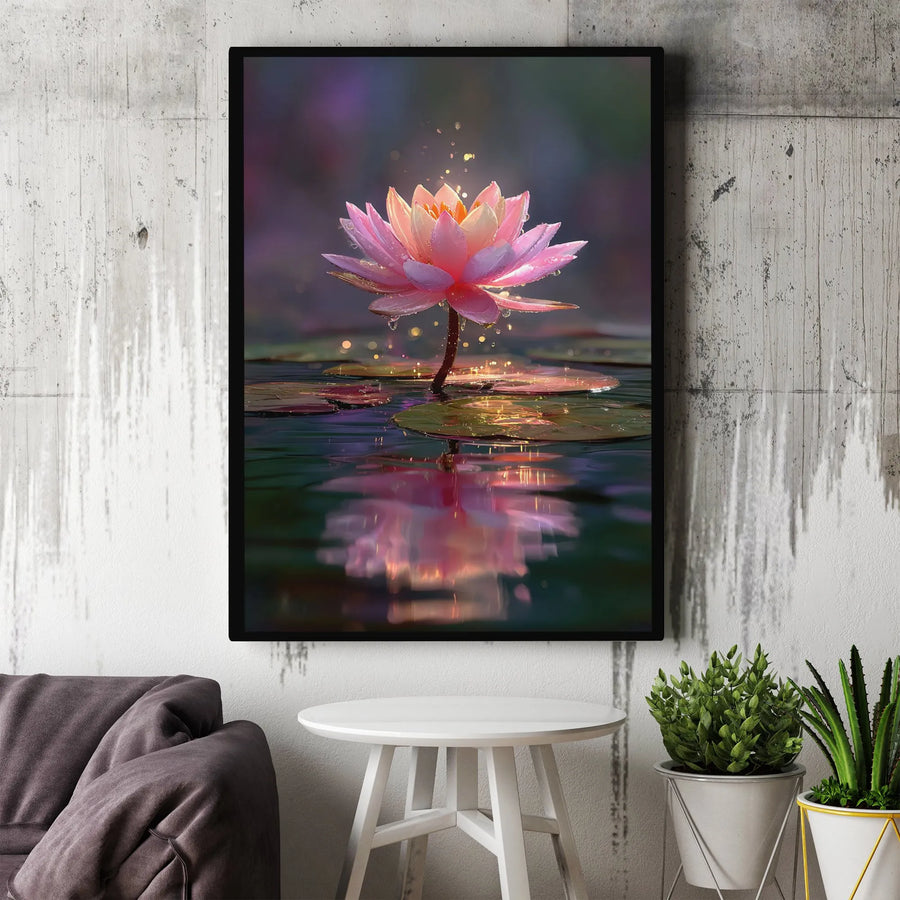 Glowing Lotus Flower Canvas Art | Serene Pink Water Lily with Reflection | Premium Fade-Resistant Print | Zen Wall Decor Gift for Yoga Studio