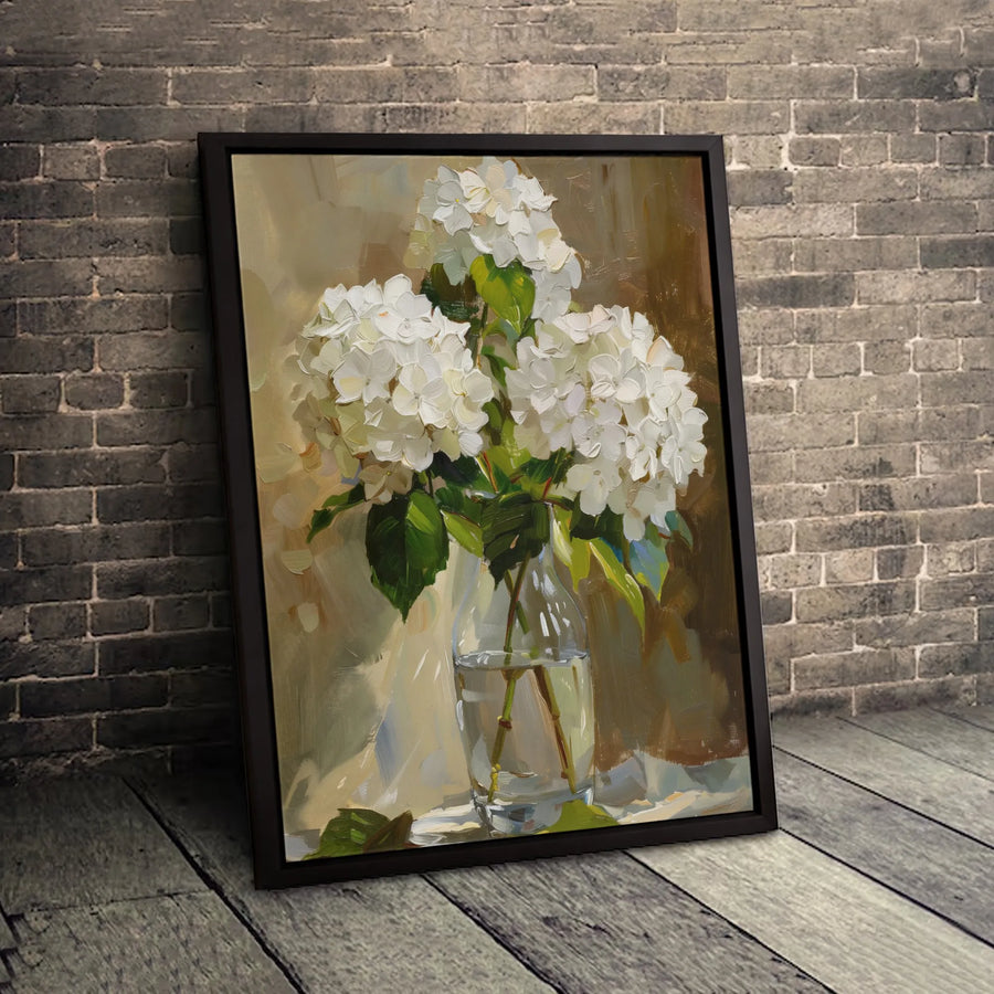 White Hydrangeas Canvas Wall Art | Still Life Floral Oil Painting Style | Premium 1.25" Gallery Wrap | Elegant Home Decor Gift
