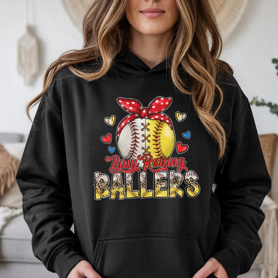Busy Raising Ballers Hoodie | Softball Baseball Mama Graphic | Premium Cotton Blend | Baseball Mom Game Day Gift