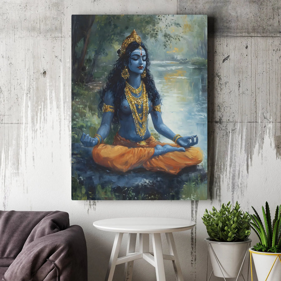 Meditating Krishna Canvas Print | Hindu God Spiritual Painting | Premium Gallery Wrapped Wall Art | Yoga Studio Decor & Devotional Gift