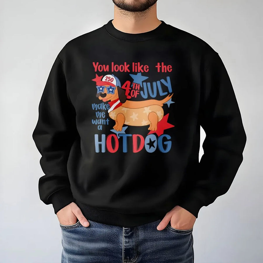 Funny 4th of July Sweatshirt | Patriotic Dachshund Hot Dog Pun Graphic | Soft Cotton-Poly Blend | Unisex Independence Day Gift for Dog Lovers