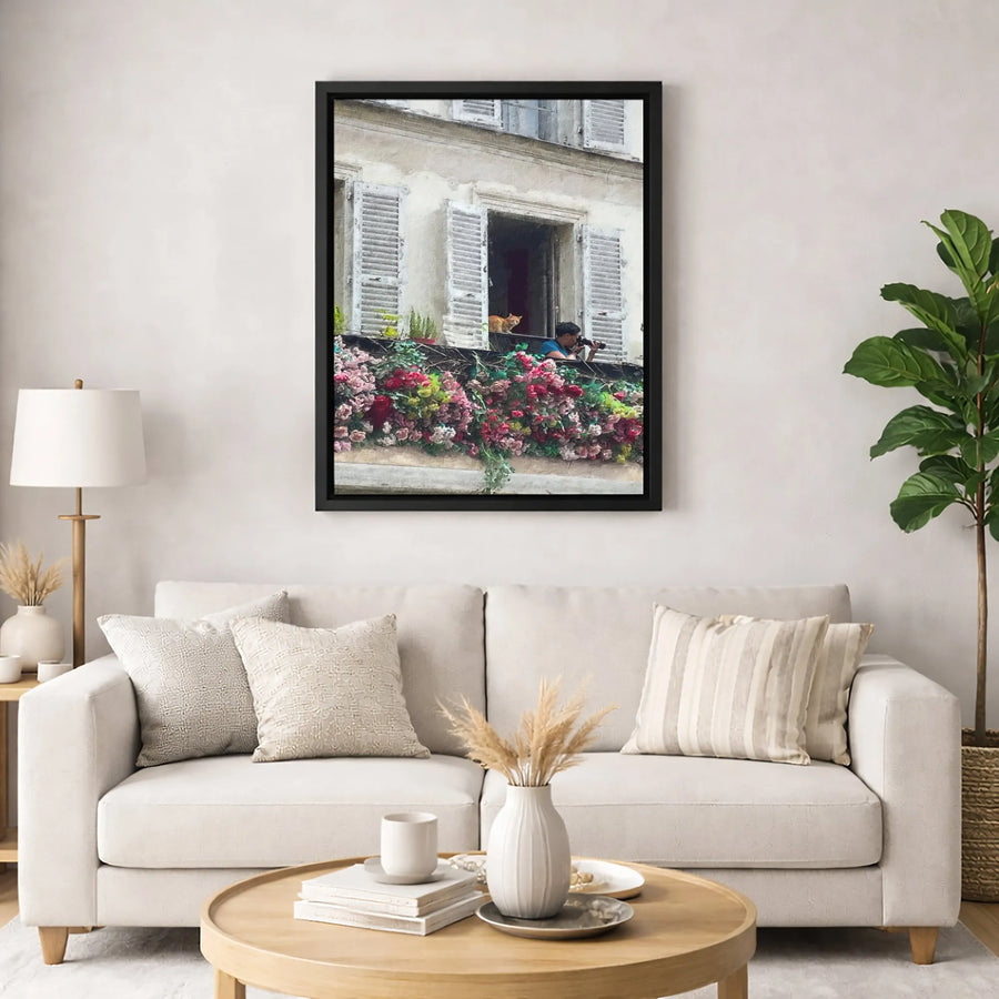 Parisian Balcony Canvas Print | Floral Window with Photographer and Cat | Gallery-Wrapped Premium Art | Aesthetic Home Decor Gift for Travel Lovers