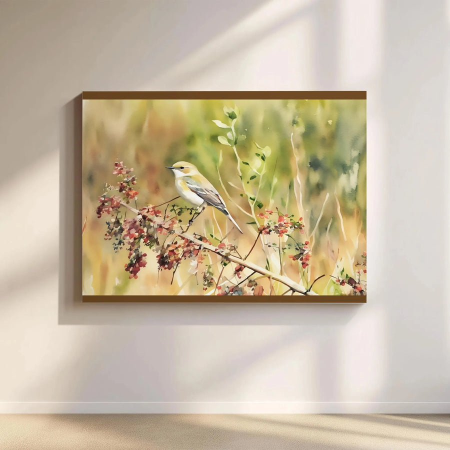 Watercolor Bird Canvas Print | Berry Branch Nature Wall Art | Premium Gallery Wrap Decor | Farmhouse Gift for Bird Watchers