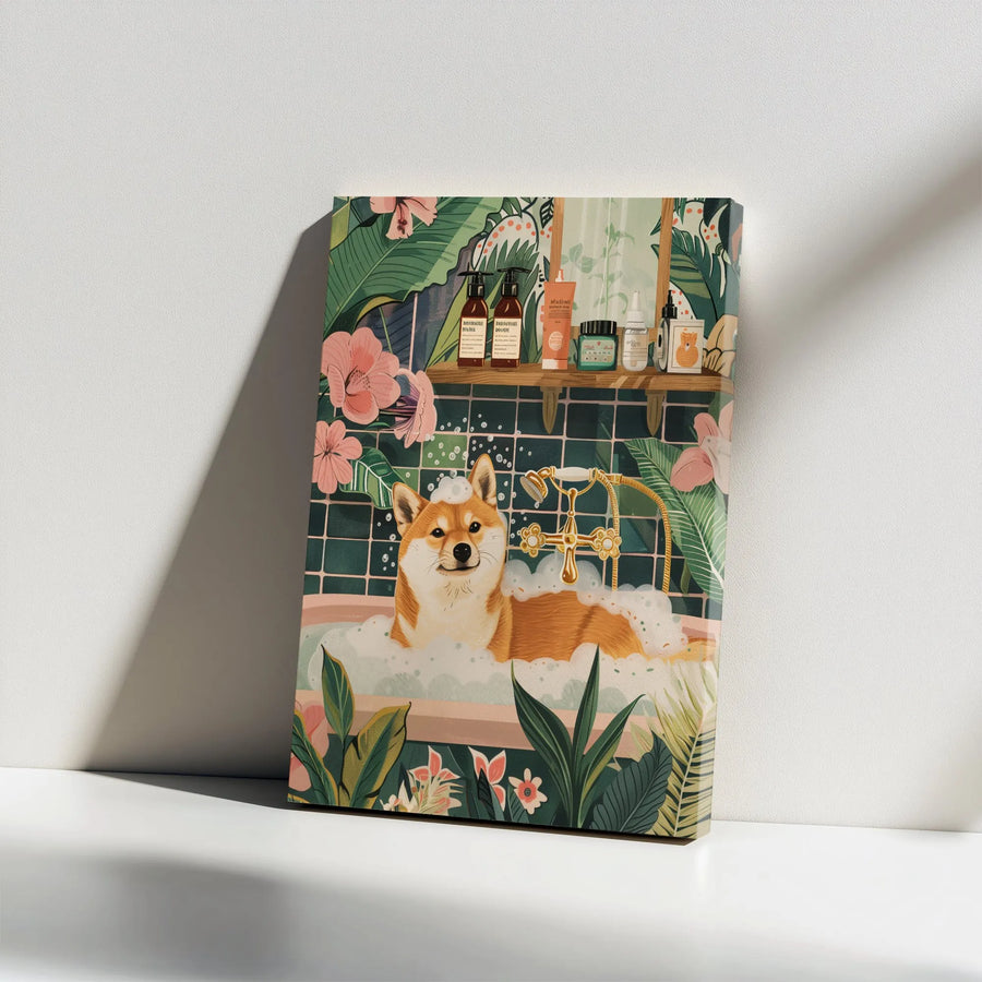 Shiba Inu Dog Wall Art | Tropical Bubble Bath Illustration | Gallery Wrapped Premium Canvas | Whimsical Pet Portrait Gift for Dog Lovers
