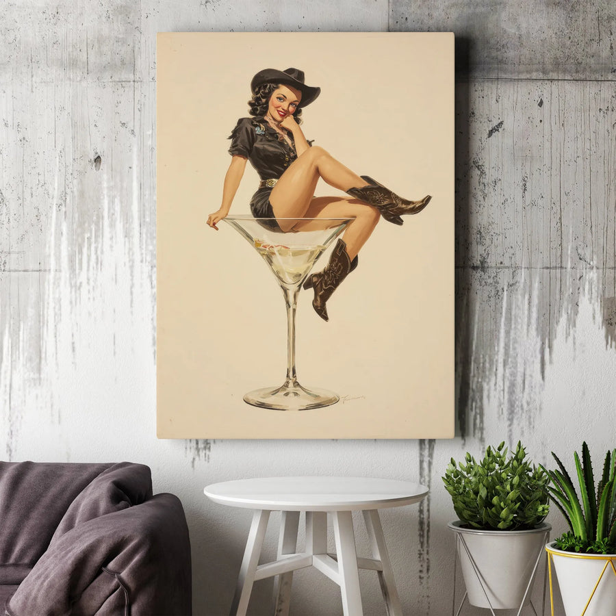 Cowgirl Pin-Up Martini Glass Wall Art | Vintage Western Retro Illustration | Premium 1.25" Gallery Canvas | Unique Bar & Home Decor Gift