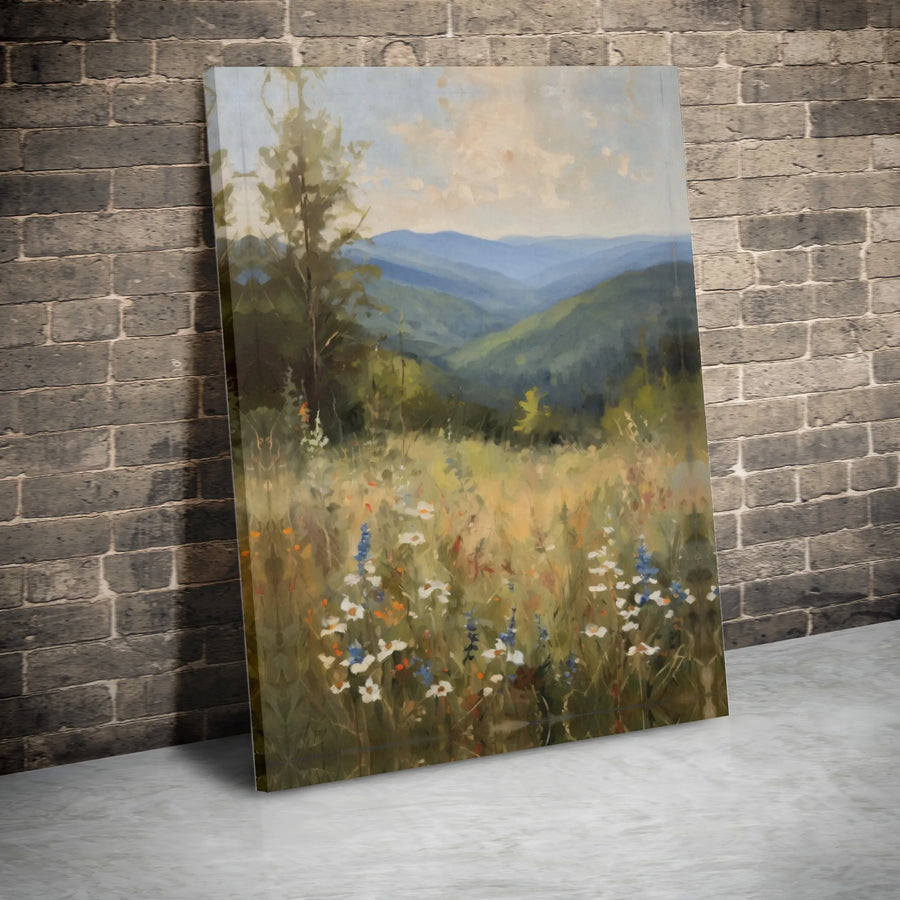 Wildflower Meadow Canvas Art | Impressionist Mountain Landscape Painting Print | Premium Gallery Wrapped Canvas | Rustic Farmhouse Wall Decor Gift