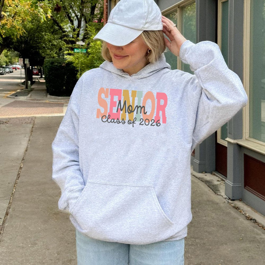 Senior Mom Class Of 2026 Hoodie | Retro Colorful Text Design | Premium Cotton Blend | Gift For Proud Graduation Mom