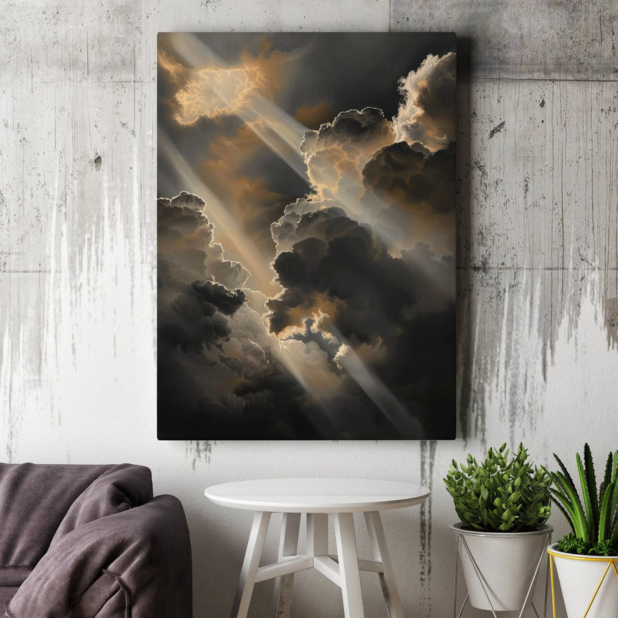 Stormy Cloud Canvas Wall Art | Sunbeams Breaking Through Dark Sky | Premium Gallery Wrapped Decor | Moody Landscape Gift for Home Office