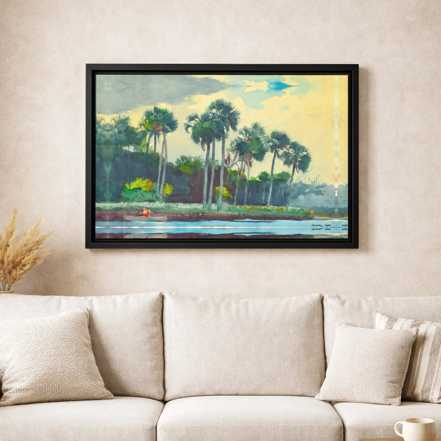 Tropical River Landscape Canvas | Watercolor Palm Tree Art | Premium 1.25-Inch Thick Gallery Wrap | Nature-Inspired Home Decor