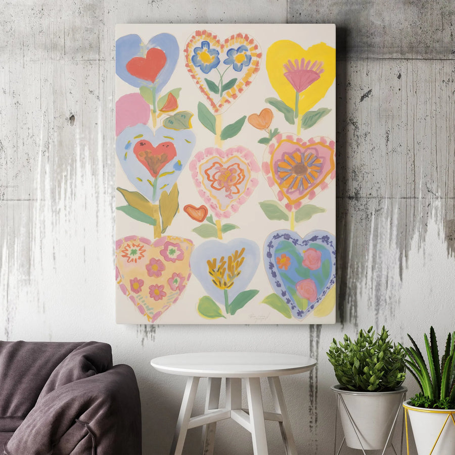 Heart Flower Wall Art | Colorful Folk Art Botanical Print | Premium Gallery Wrapped Canvas | Whimsical Floral Decor Gift for Home