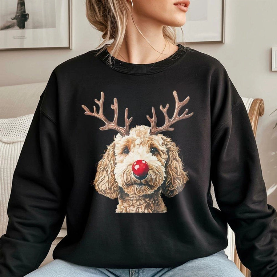 Goldendoodle Christmas Sweatshirt | Reindeer Antlers Red Nose Graphic | Premium Cotton Blend | Funny Holiday Gift for Dog Lovers