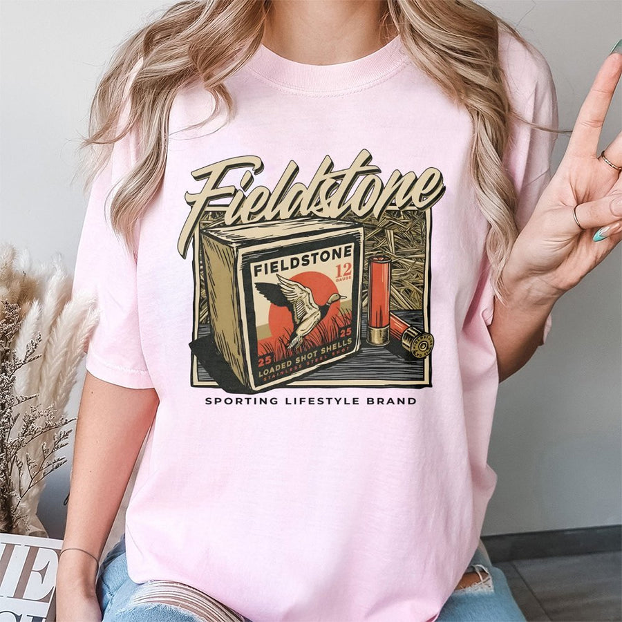Fieldstone Duck Hunting T-Shirt | Vintage Ammo Box Graphic | 100% Cotton Premium Tee | Outdoorsman Sporting Gift for Him