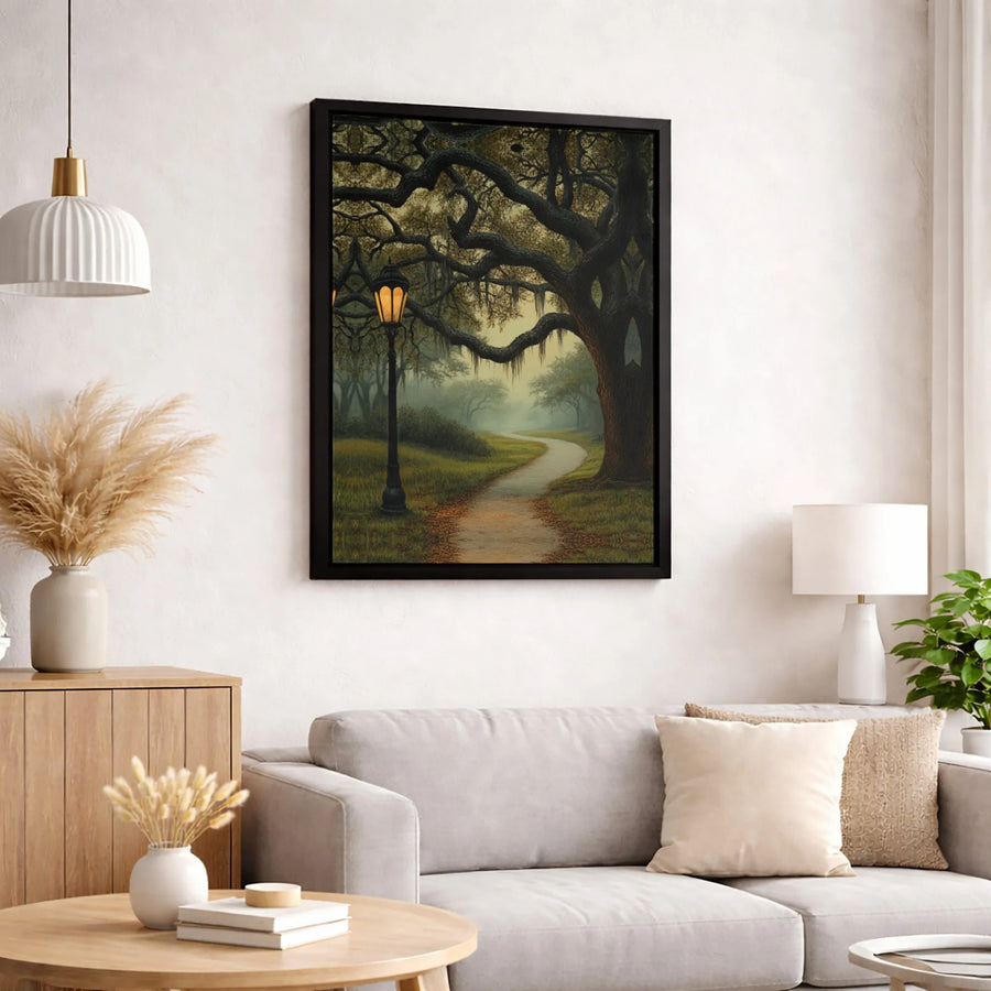 Misty Southern Oak Tree Canvas | Vintage Lamppost Path Landscape | Premium Gallery Wrapped Wall Art | Moody Forest Home Decor Gift
