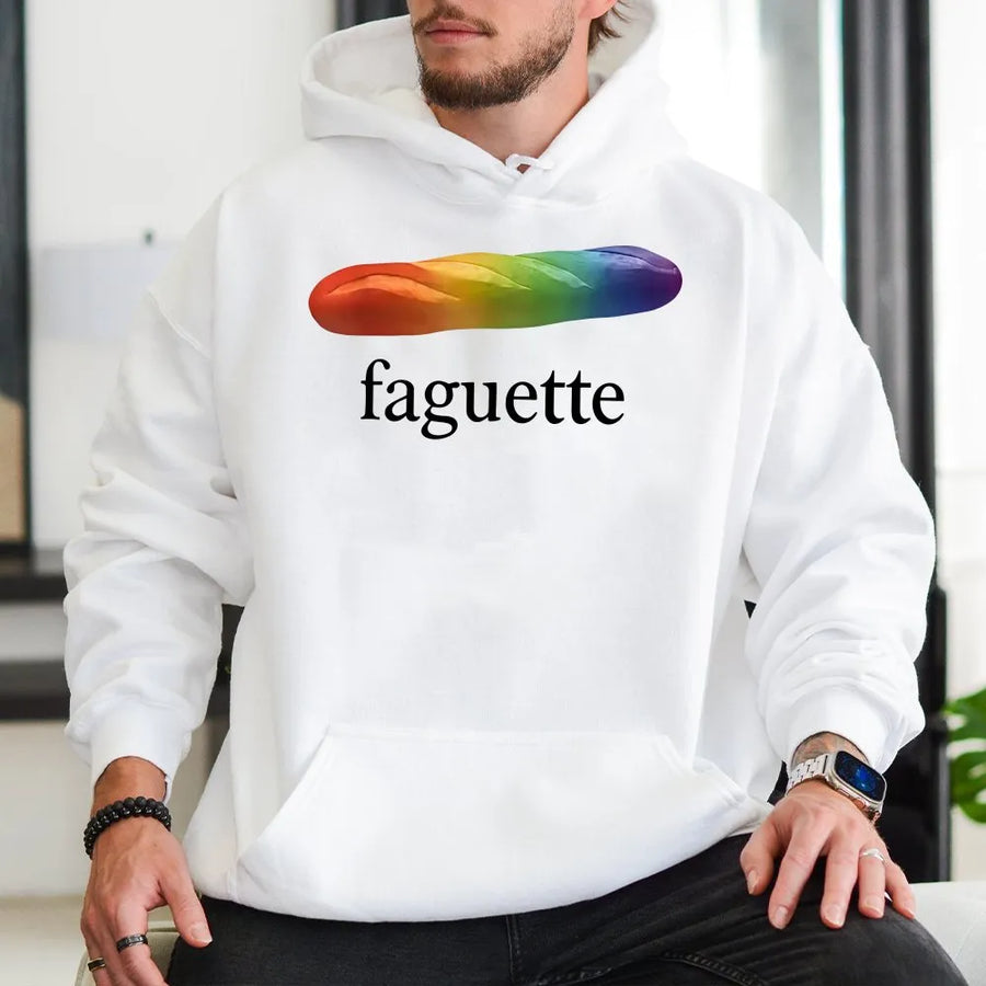 Faguette Hoodie | Funny Rainbow Baguette Pride Graphic | Soft Cotton Blend | Unisex LGBTQ Ally Gift for Pride Month