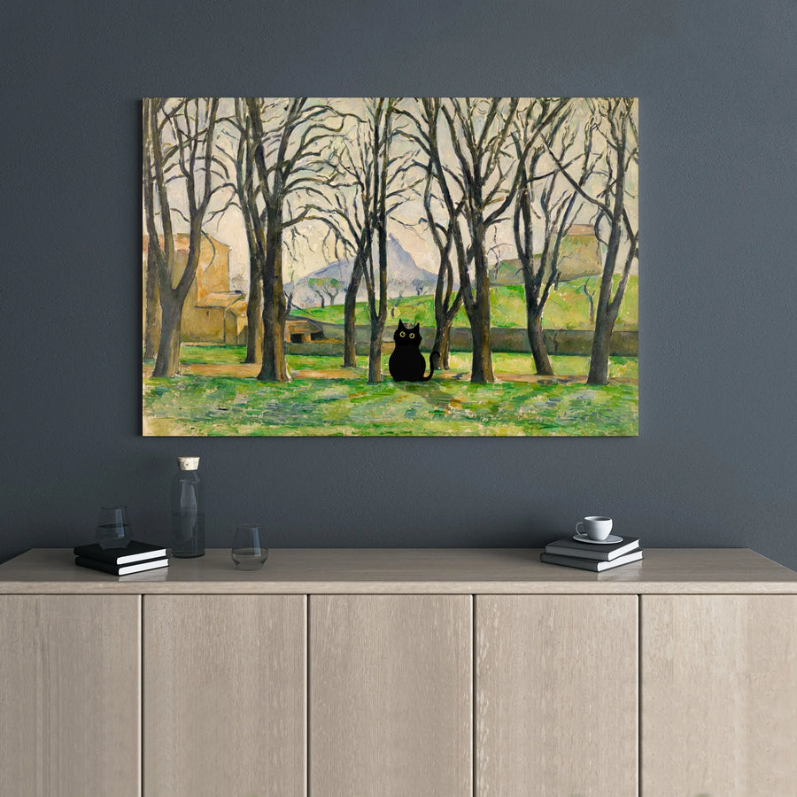 Black Cat Wall Art | Cézanne Landscape Painting Print | Premium Gallery Wrap Canvas | Whimsical Home Decor Gift for Cat Lovers