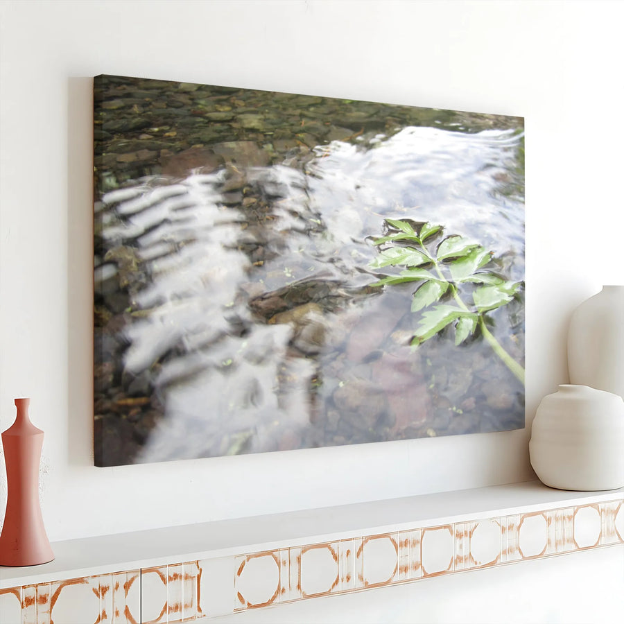 Nature Canvas Wall Art | Green Leaf Floating in Rippling Stream | Premium Gallery Wrap Wooden Frame | Serene Landscape Decor for Home or Office