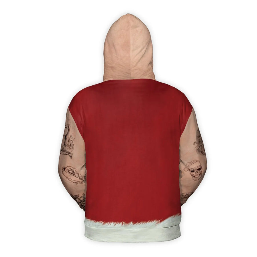 Tattooed Santa 3D Hoodie | Hairy Chest Gold Chain Ugly Christmas Sweatshirt | Soft Brushed Fleece Premium Pullover | Funny Holiday Party Gift For Men Women