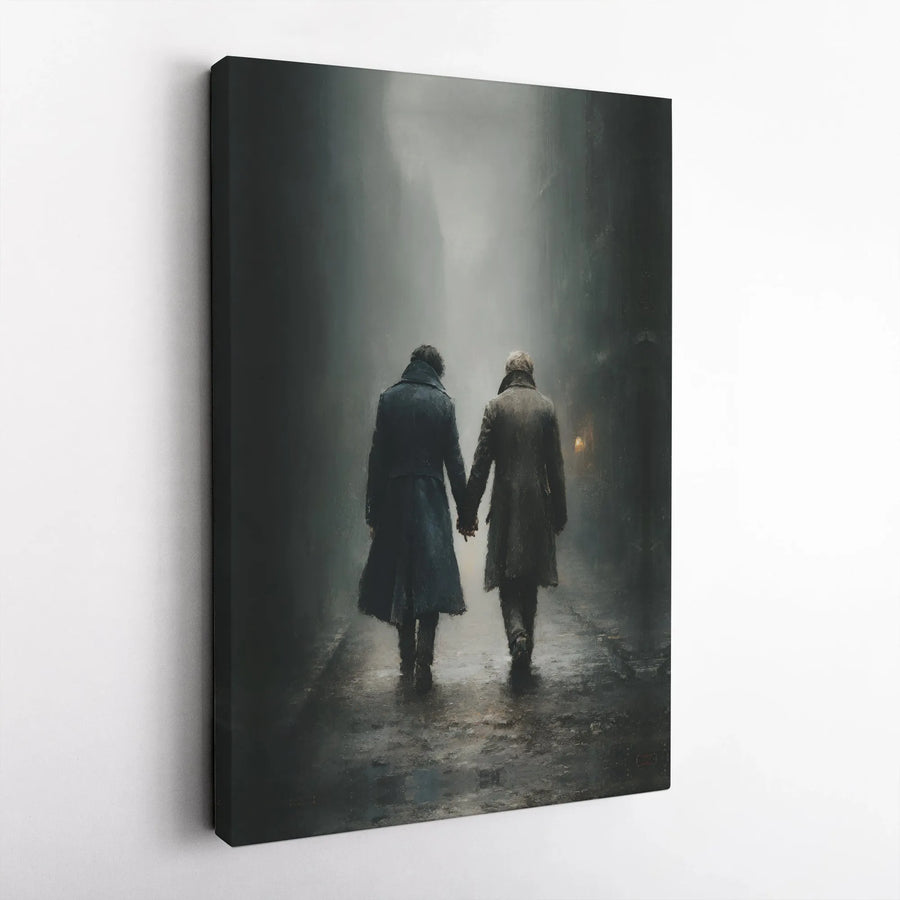 Men Holding Hands Canvas Art | Atmospheric Foggy City Alleyway Print | Premium Gallery-Wrapped | Romantic Gay Interest Wall Decor