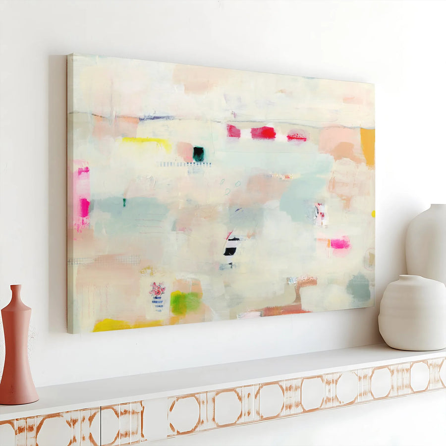 Modern Abstract Horizontal Canvas | Pastel Cream & Pink Expressionist Painting | 1.25 Inch Gallery Wrap | Minimalist Living Room Decor Gift