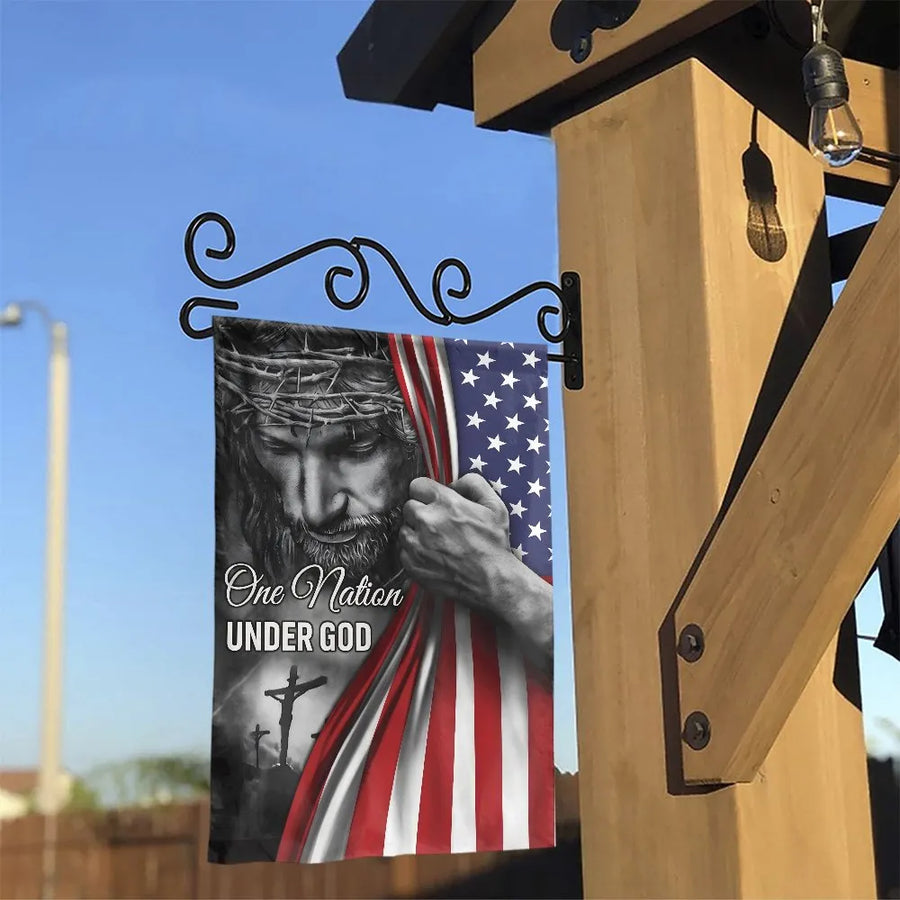Christian American Garden Flag | One Nation Under God Jesus Art | Weather Resistant Double Sided Fabric | Patriotic Religious Yard Decor Gift