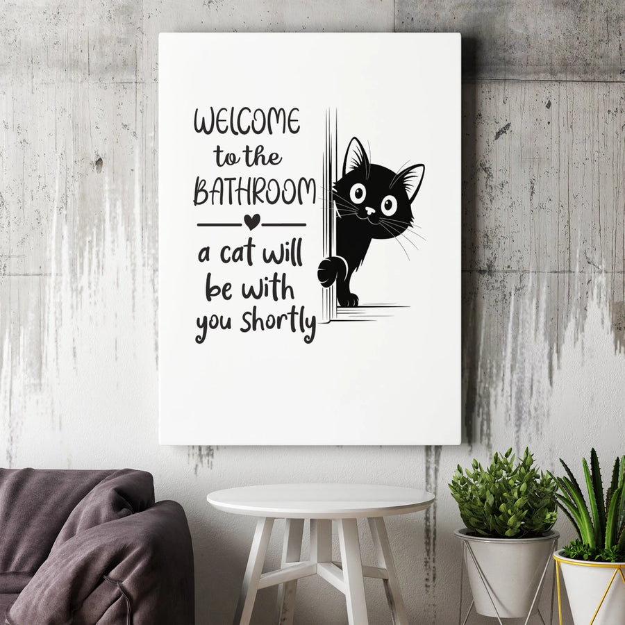 Cat Bathroom Wall Art | Funny Peeking Black Cat Sign | Premium Gallery Wrapped Canvas | Gift for Cat Lovers and Home Decor