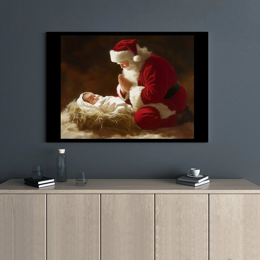 Santa Praying at Manger Canvas Print | Religious Christmas Nativity Wall Art | Gallery Wrapped Premium Canvas | Spiritual Holiday Home Decor Gift