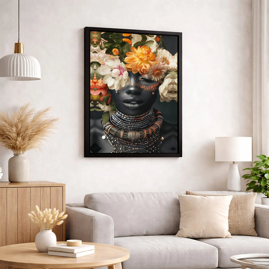 African Woman Portrait Wall Art | Floral Headdress & Beaded Jewelry Design | Premium Gallery-Wrapped Canvas | Elegant Home Decor Gift