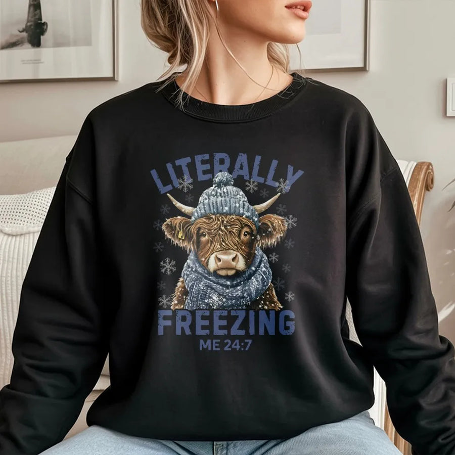 Highland Cow Sweatshirt | Literally Freezing Winter Design | Cozy Cotton-Blend Pullover | Funny Animal Lover Holiday Gift for Her & Him