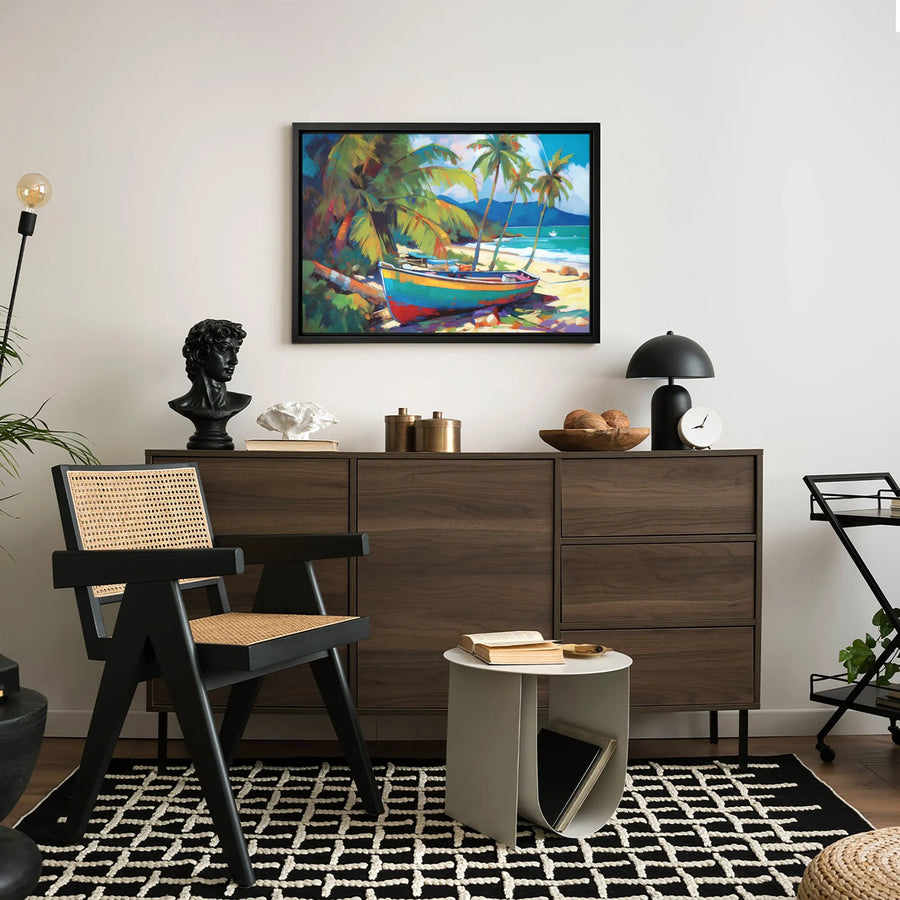 Tropical Beach Canvas Wall Art | Colorful Boat & Palm Tree Landscape Painting | Gallery-Quality 1.25-Inch Profile | Coastal Home Decor Gift