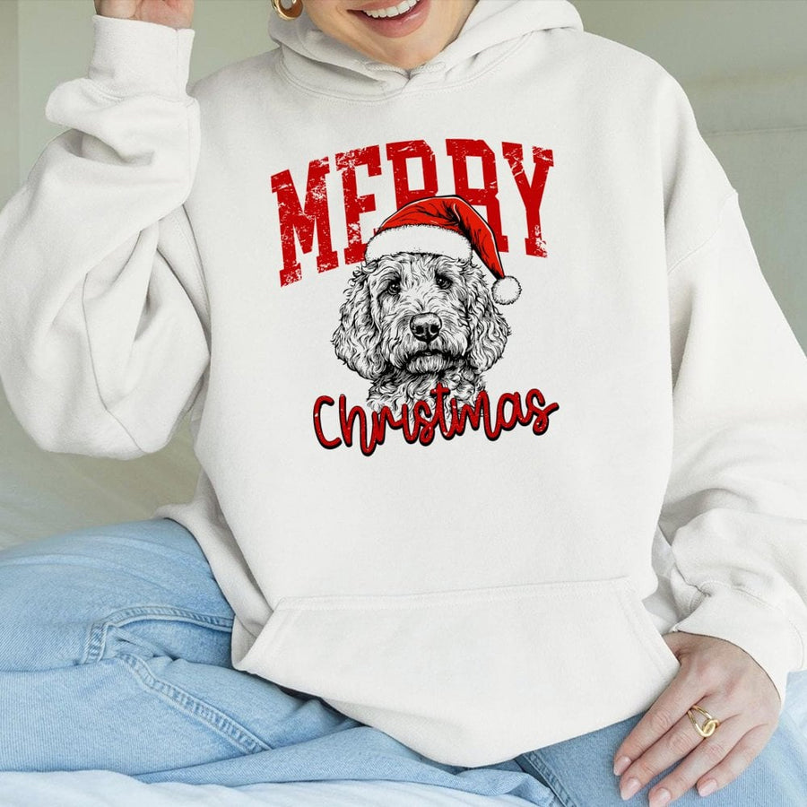 Labradoodle Merry Christmas Hoodie | Santa Hat Dog Graphic Print | Premium Cotton Blend Pullover | Cute Holiday Gift For Dog Lovers