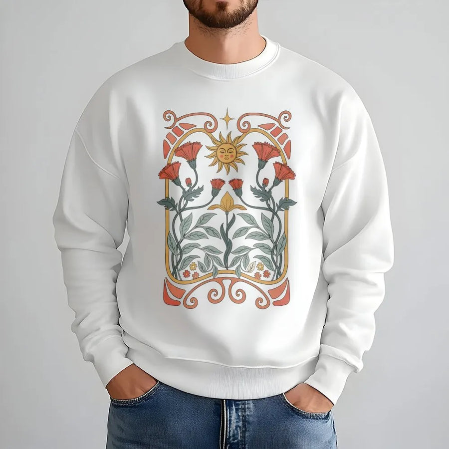 Art Nouveau Floral Sweatshirt | Mystical Sun & Wildflower Graphic | Premium Comfort Colors Cotton Shirt | Boho Hippie Style Gift for Her