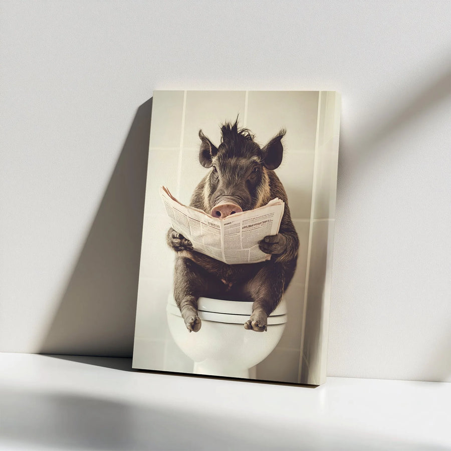 Funny Boar Reading Newspaper On Toilet Canvas | Whimsical Bathroom Wall Art | Premium Gallery Wrapped Print | Unique Home Decor Gift Idea