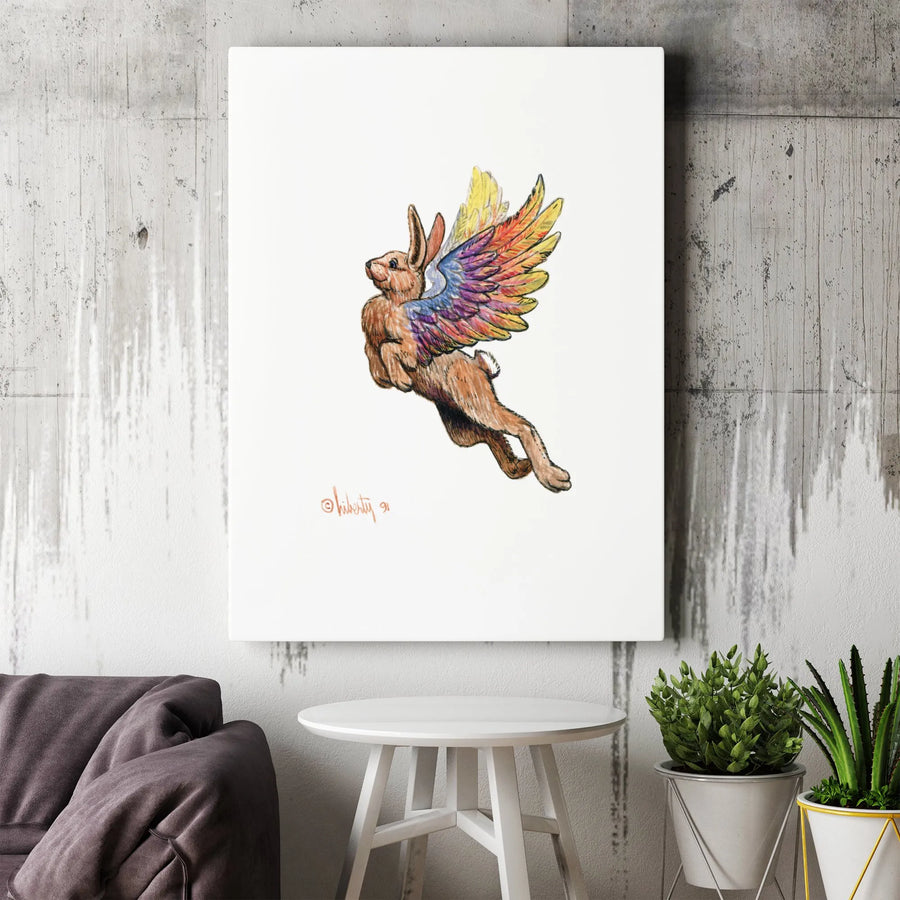 Flying Rabbit Wall Art | Whimsical Rainbow Winged Bunny Canvas | Gallery Wrap Premium Print | Nursery Decor & Surreal Animal Home Gift