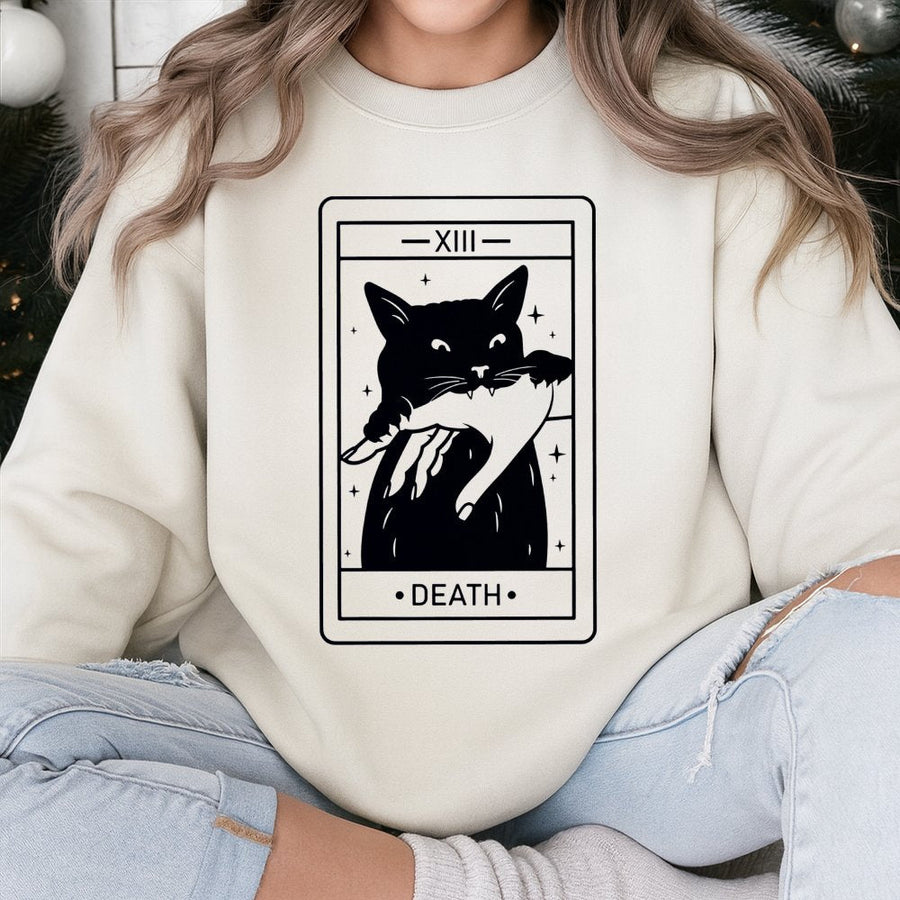 Tarot Card Black Cat Sweatshirt | Death Tarot Card Graphic Design | Cotton Blend Crewneck | Witchy Aesthetic Gift for Cat Lovers
