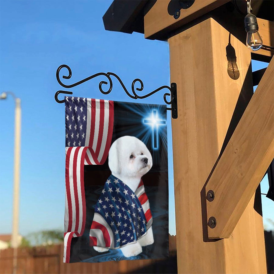 Bichon Frise Garden Flag | Patriotic American Flag & Cross Design | Premium Fade-Resistant Polyester | Outdoor Yard Decor Gift for Dog Lovers