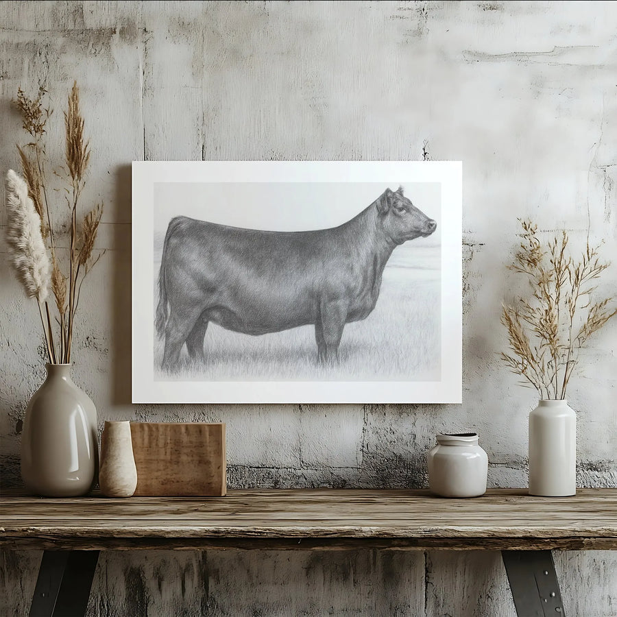 Angus Cow Wall Art | Realistic Pencil Drawing Farmhouse Decor | Premium Gallery-Wrapped Canvas | Rustic Country Home Gift