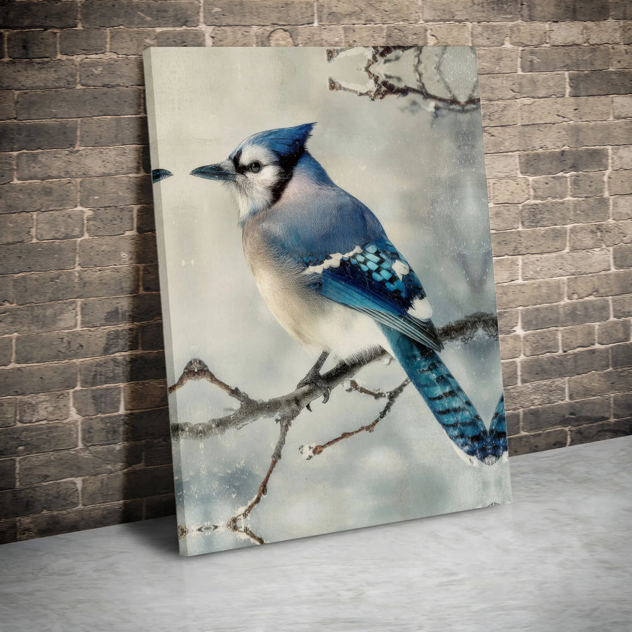Blue Jay Canvas Wall Art | Vintage Winter Bird Painting on Snowy Branch | Premium Fade-Resistant Print | Nature Lover Collector's Gift