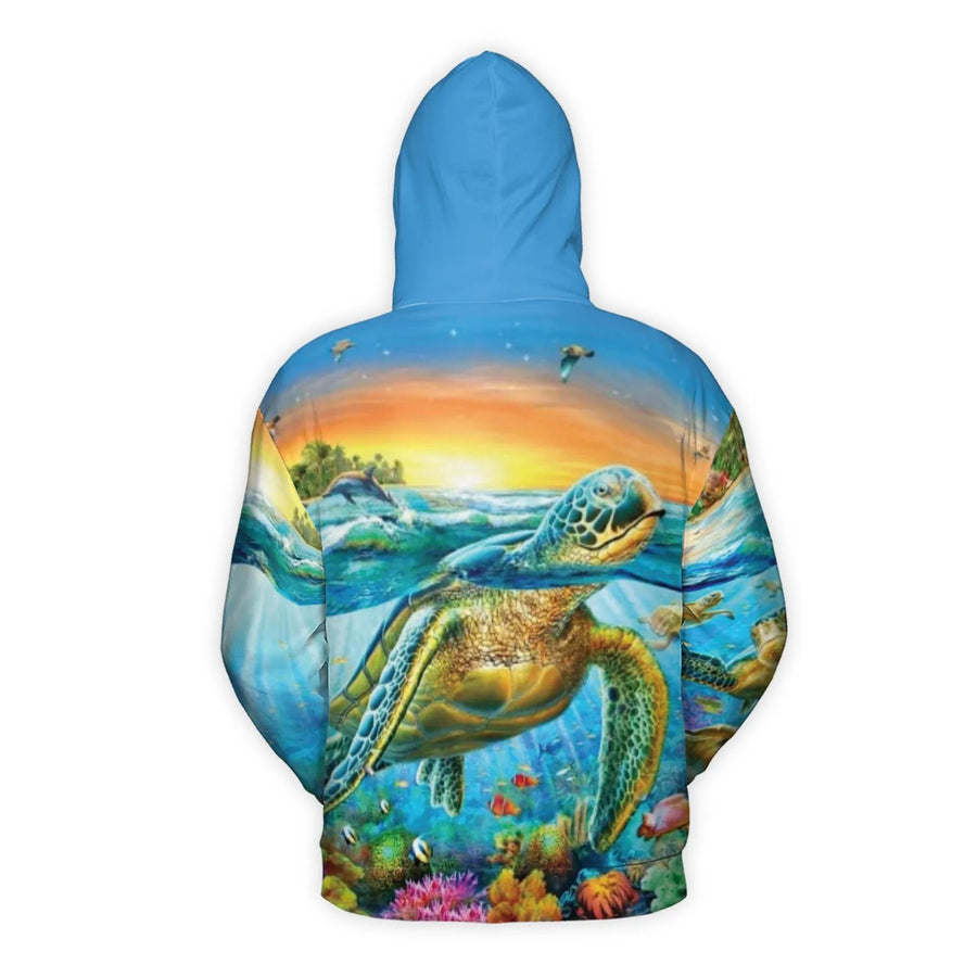 Sea Turtle Hoodie | Ocean Coral Reef Sunset 3D Graphic | Premium Brushed Fleece Knit | Unisex Nature Lover Gift