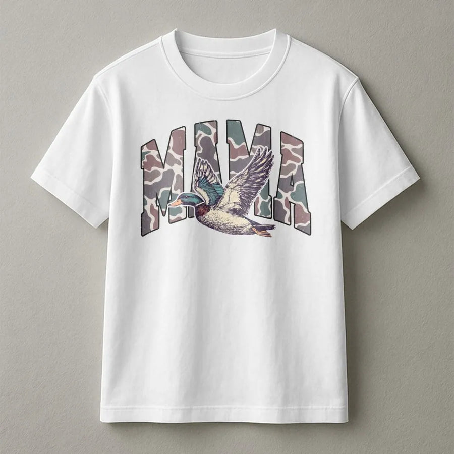 Hunting Mama T-Shirt | Mallard Duck Camo Graphic Print | Premium Soft Cotton | Wildlife Lover Gift for Women