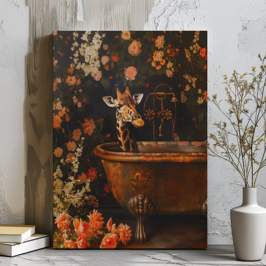 Giraffe in Bathtub Canvas Wall Art | Whimsical Floral Animal Bathroom Decor | Premium Gallery Wrap Print | Unique Gift for Animal Lovers
