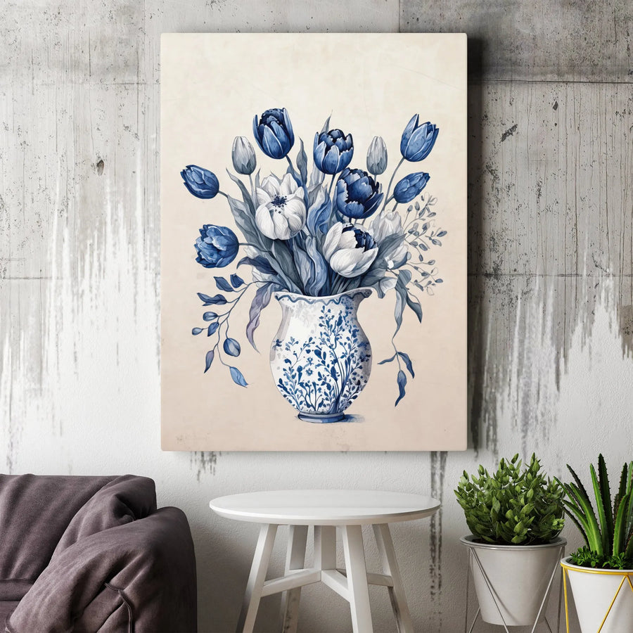 Blue and White Tulip Canvas Art | Watercolor Chinoiserie Vase Floral Print | Gallery Wrap 1.25 inch Frame | Elegant Home Decor Wall Art