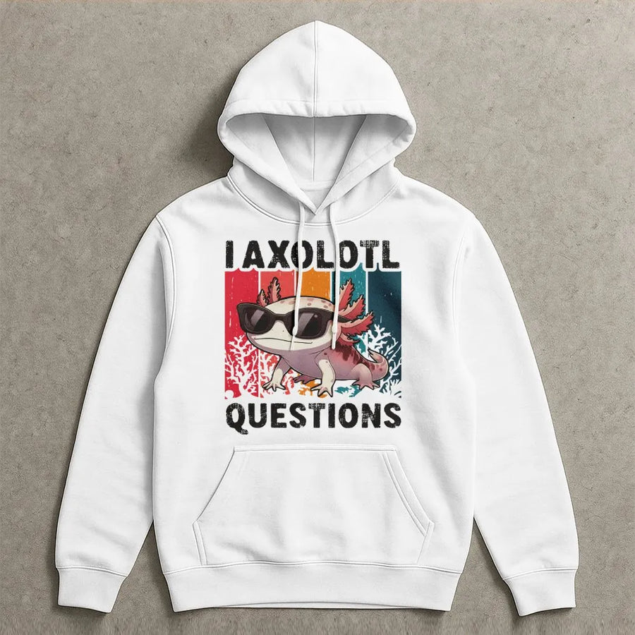 I Axolotl Questions Hoodie | Retro Graphic Sunglasses Design | Soft Cotton Blend Unisex Pullover | Funny Animal Pun Gift for Students & Teachers