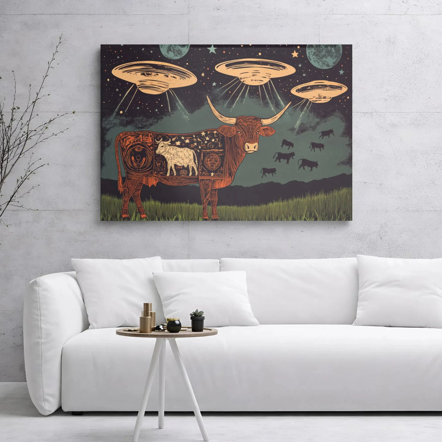 UFO Abduction Canvas Print | Surreal Texas Longhorn Anatomy Art | Gallery Wrapped Premium Wall Decor | Unique Gift for Space & Cow Lovers