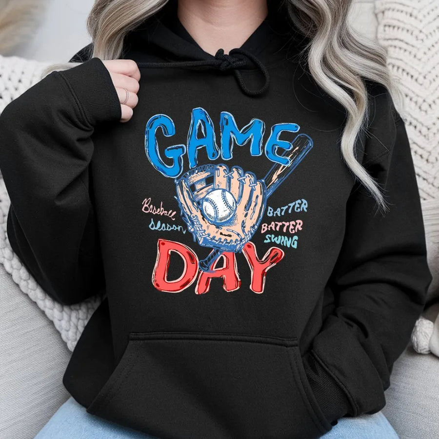 Game Day Baseball Hoodie | Doodle Sketch Graphic Pullover | Soft Cotton Blend | Gift for Sports Mom Fan