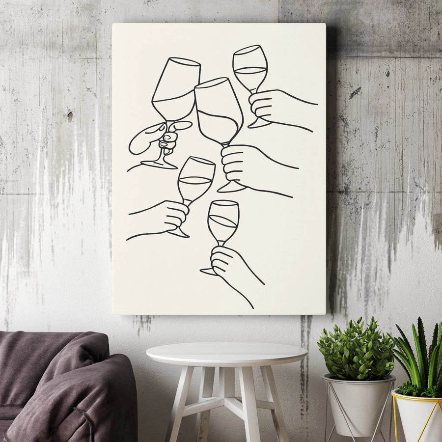 Cheers Wine Toast Canvas Wall Art | Minimalist Line Art Drawing | Premium Gallery Wrapped Print | Modern Kitchen Dining Room Decor Gift