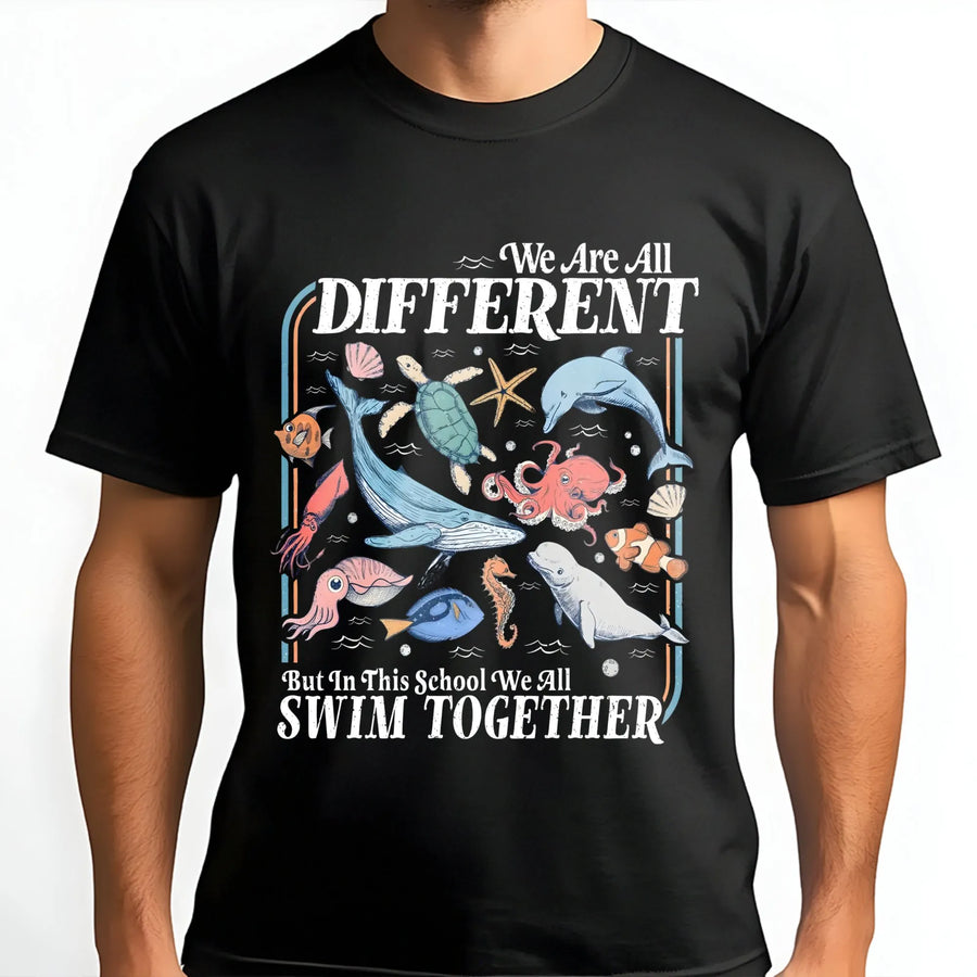 Inclusion Teacher T-Shirt | We Are All Different Swim Together Ocean Graphic | Premium Soft Cotton | Back To School Gift For Educators
