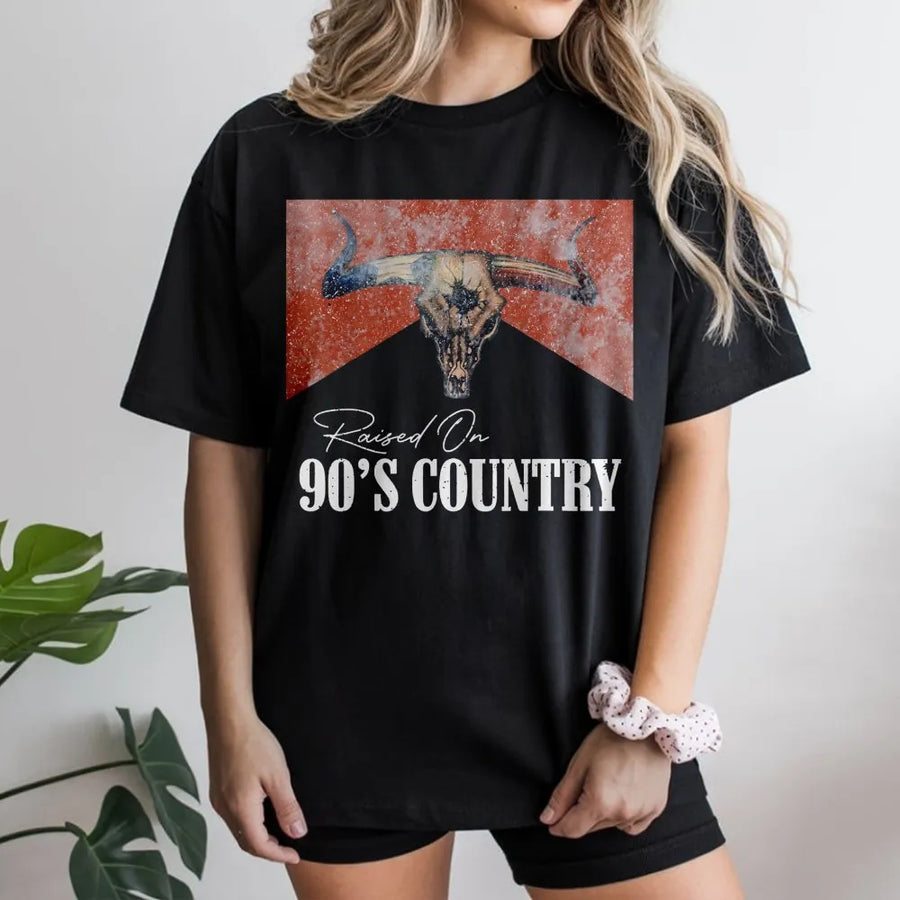 Raised On 90s Country T-Shirt | Distressed Western Bull Skull Graphic | Premium Soft Cotton Tee | Country Music Concert Outfit Gift