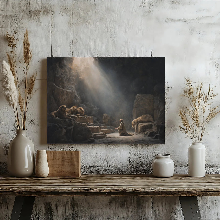 Daniel in the Lions Den Canvas Wall Art | Bible Story Painting | Premium Gallery Wrap | Christian Home Decor Gift
