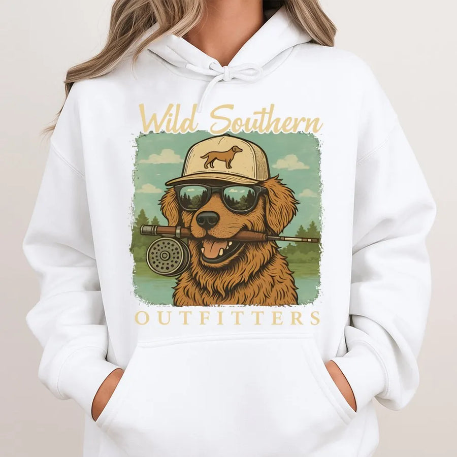Fishing Dog Graphic Hoodie | Golden Retriever Fly Fishing Design | Premium Unisex Cotton Blend | Funny Outdoor Gift for Fisherman Angler