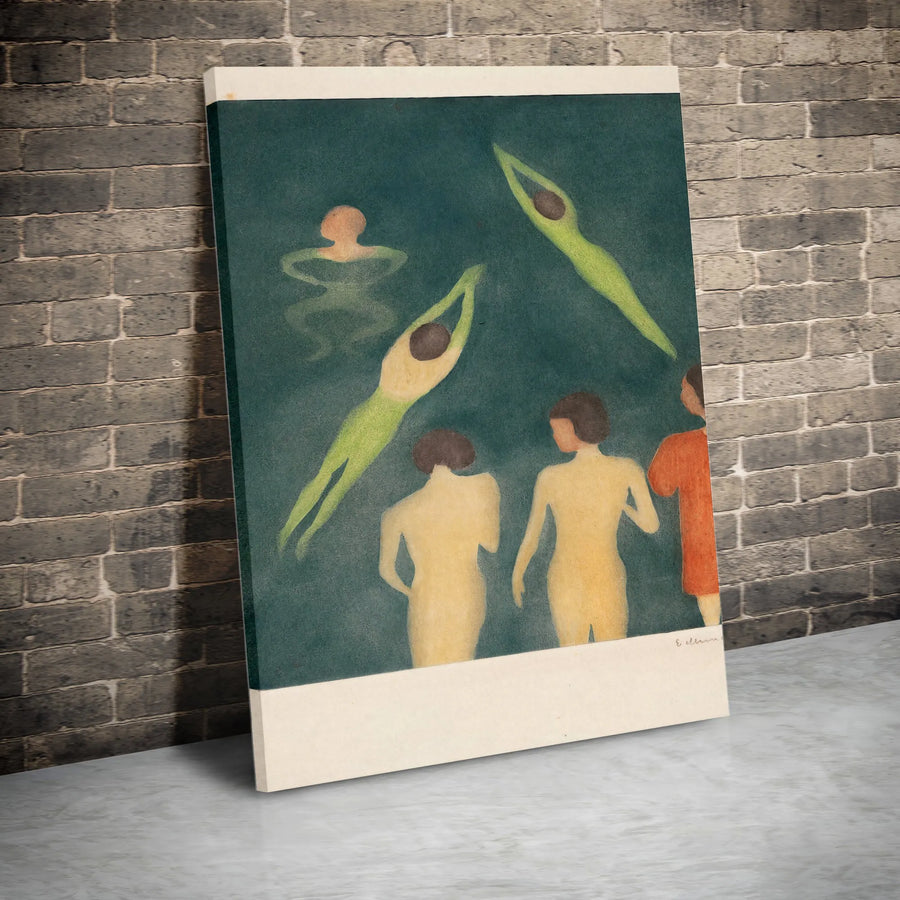 Bathers by E. Illum Canvas Art | Vintage Swimming Print | Premium Gallery Wrap Wall Decor | Mid-Century Modern Minimalist Home Office Gift